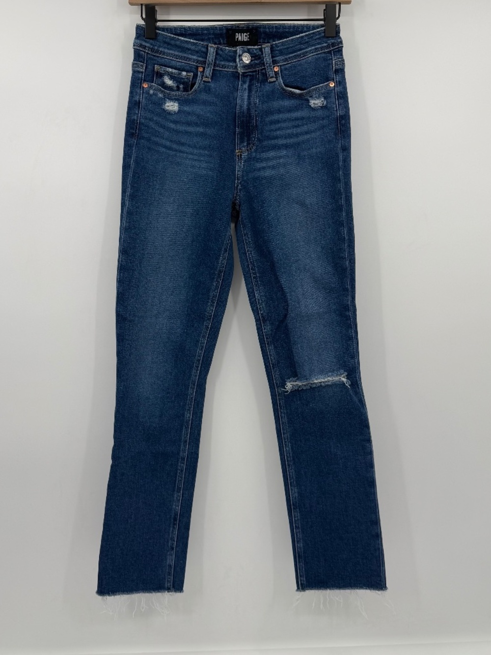Paige Jeans Women 26 Blue Hoxton Slim Distressed Dark Wash Stretch Denim Raw Hem